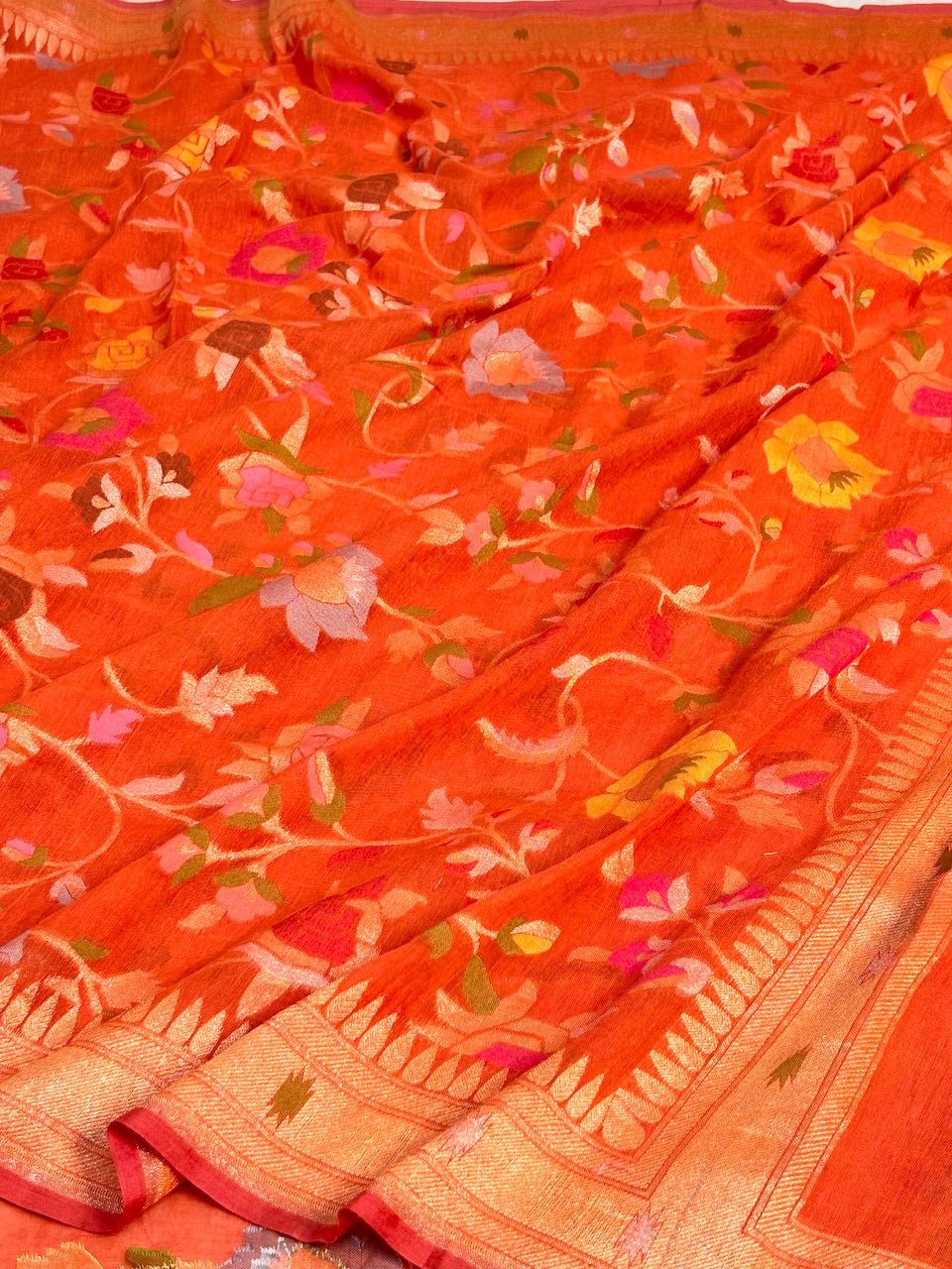 Orange Banarasi cotton Jamdani handloom Saree