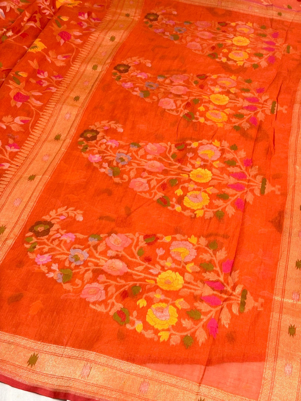 Orange Banarasi cotton Jamdani handloom Saree