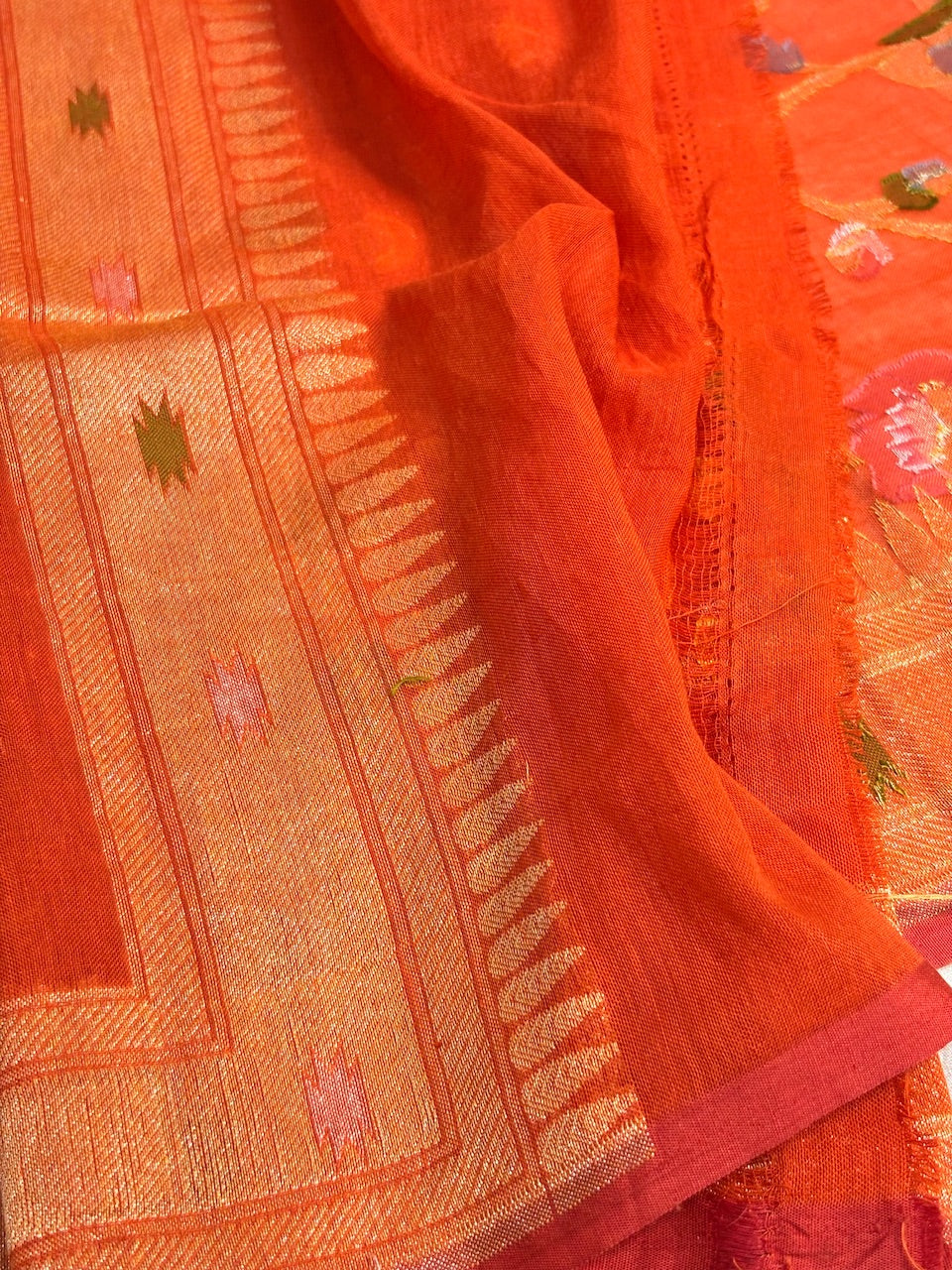 Orange Banarasi cotton Jamdani handloom Saree