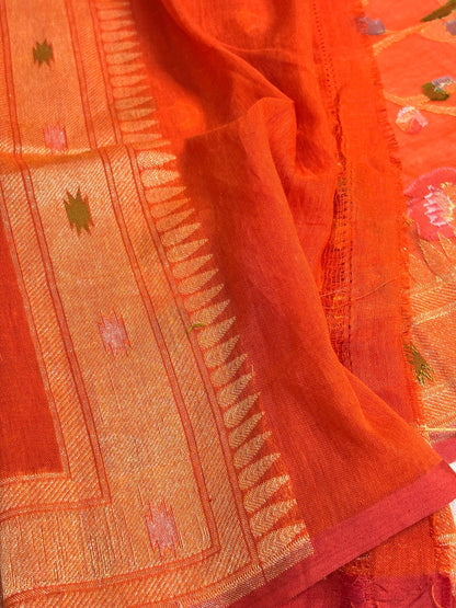 Orange Banarasi cotton Jamdani handloom Saree