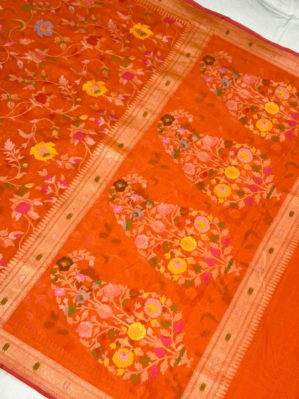 Orange Banarasi cotton Jamdani handloom Saree