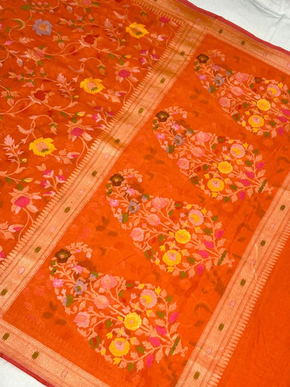 Orange Banarasi cotton Jamdani handloom Saree