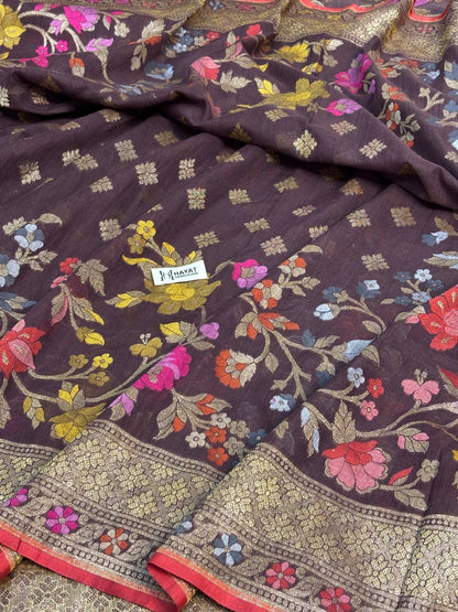 Brown Banarasi cotton Jamdani handloom Saree