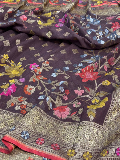 Brown Banarasi cotton Jamdani handloom Saree