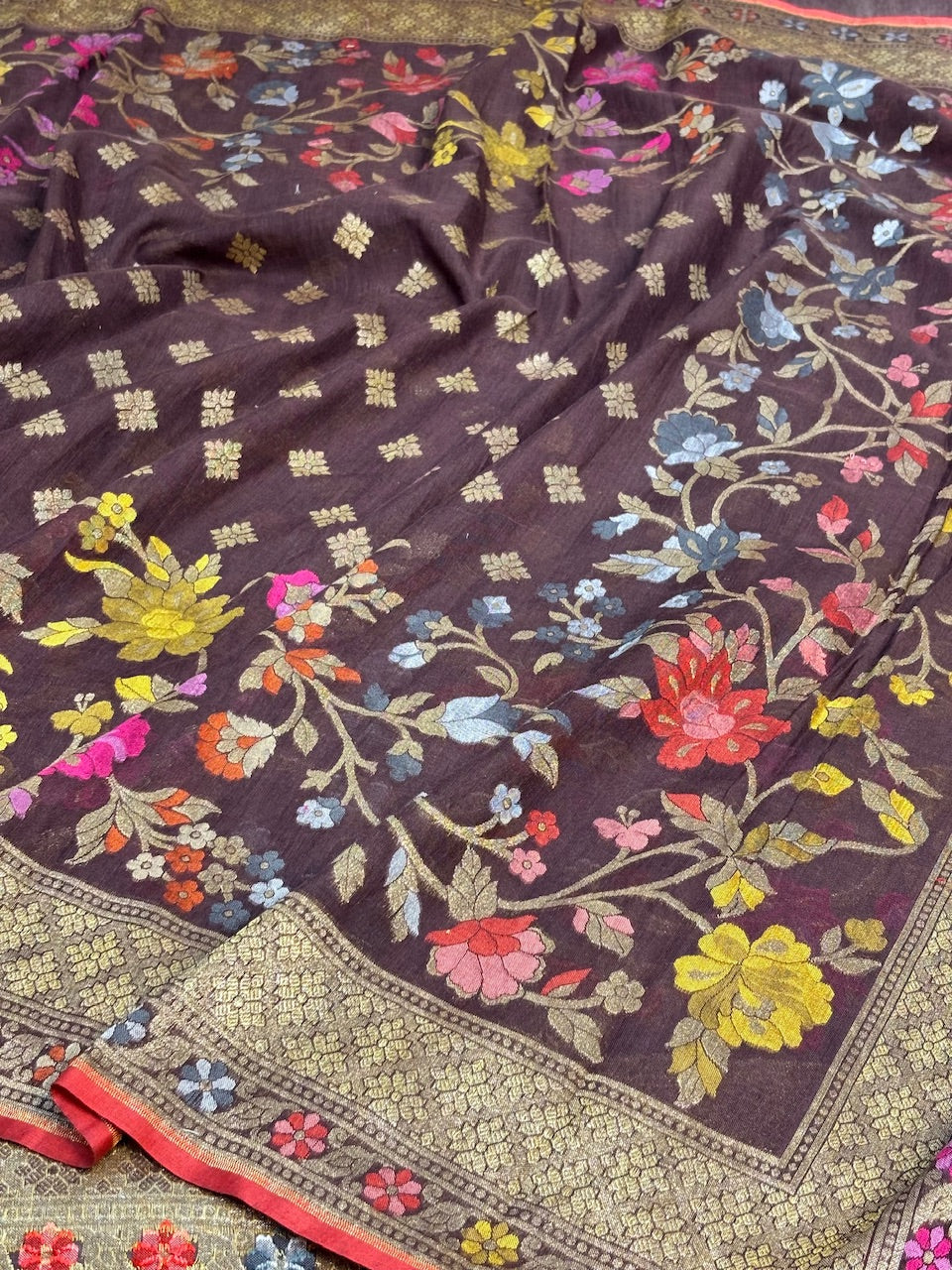 Brown Banarasi cotton Jamdani handloom Saree