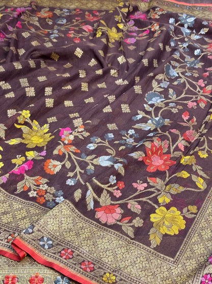 Brown Banarasi cotton Jamdani handloom Saree
