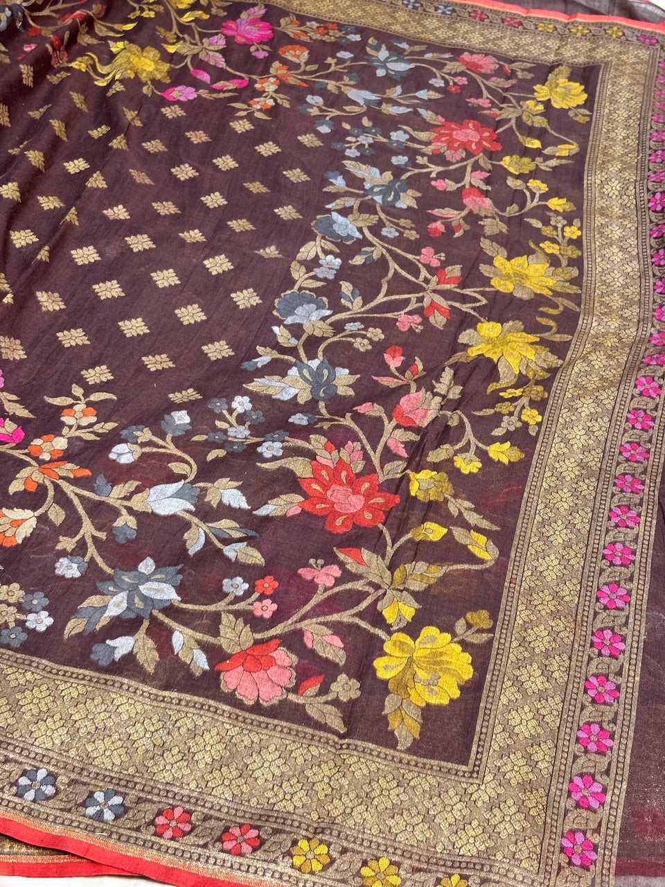 Brown Banarasi cotton Jamdani handloom Saree