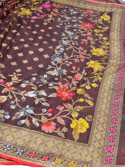 Brown Banarasi cotton Jamdani handloom Saree