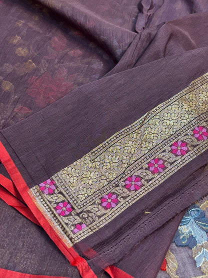 Brown Banarasi cotton Jamdani handloom Saree