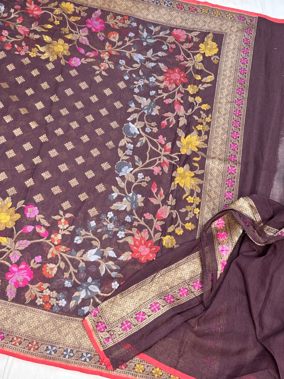 Brown Banarasi cotton Jamdani handloom Saree