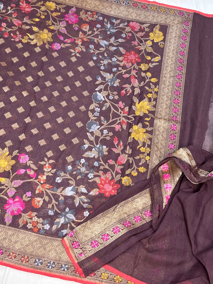 Brown Banarasi cotton Jamdani handloom Saree
