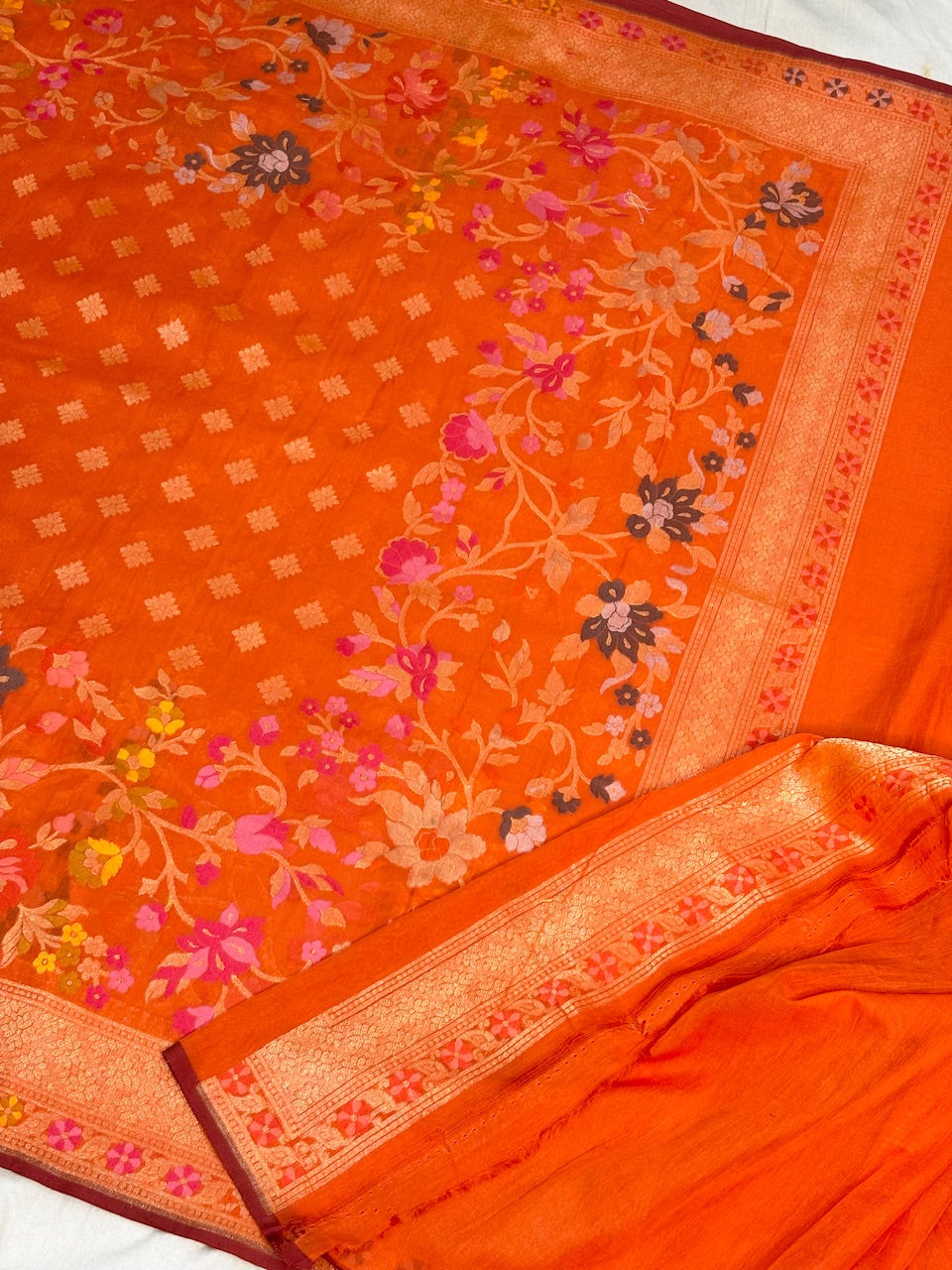 Orange Banarasi cotton Jamdani handloom Saree