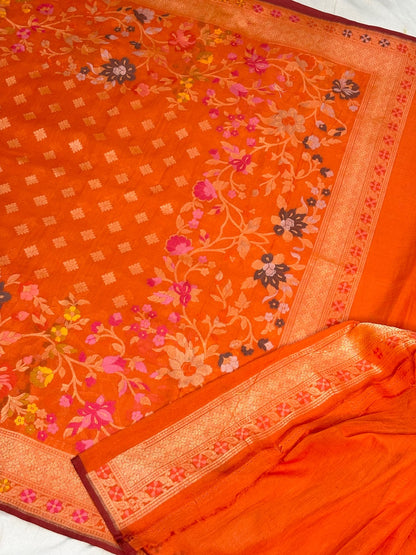 Orange Banarasi cotton Jamdani handloom Saree