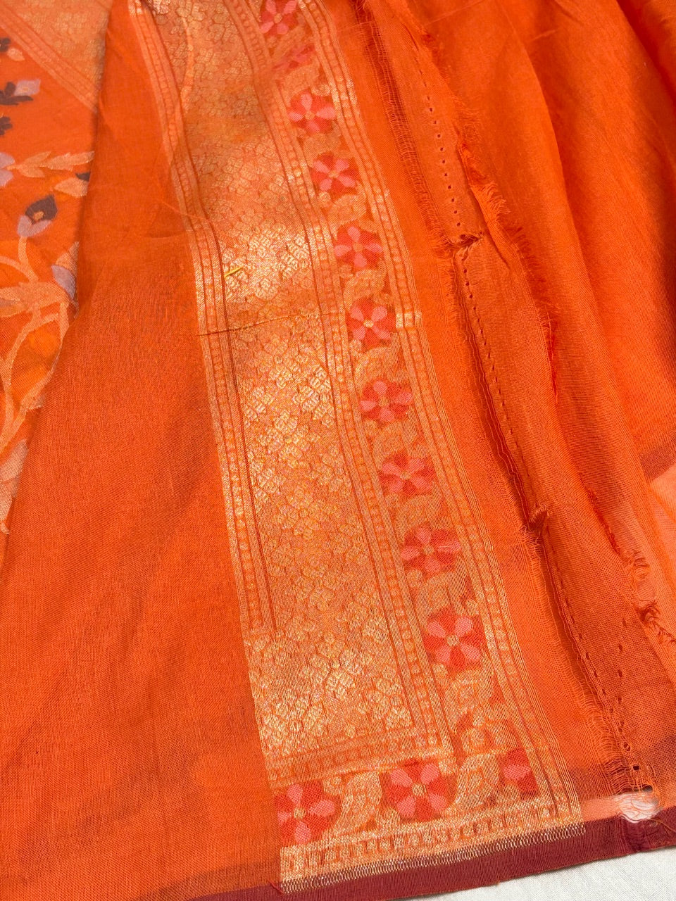 Orange Banarasi cotton Jamdani handloom Saree