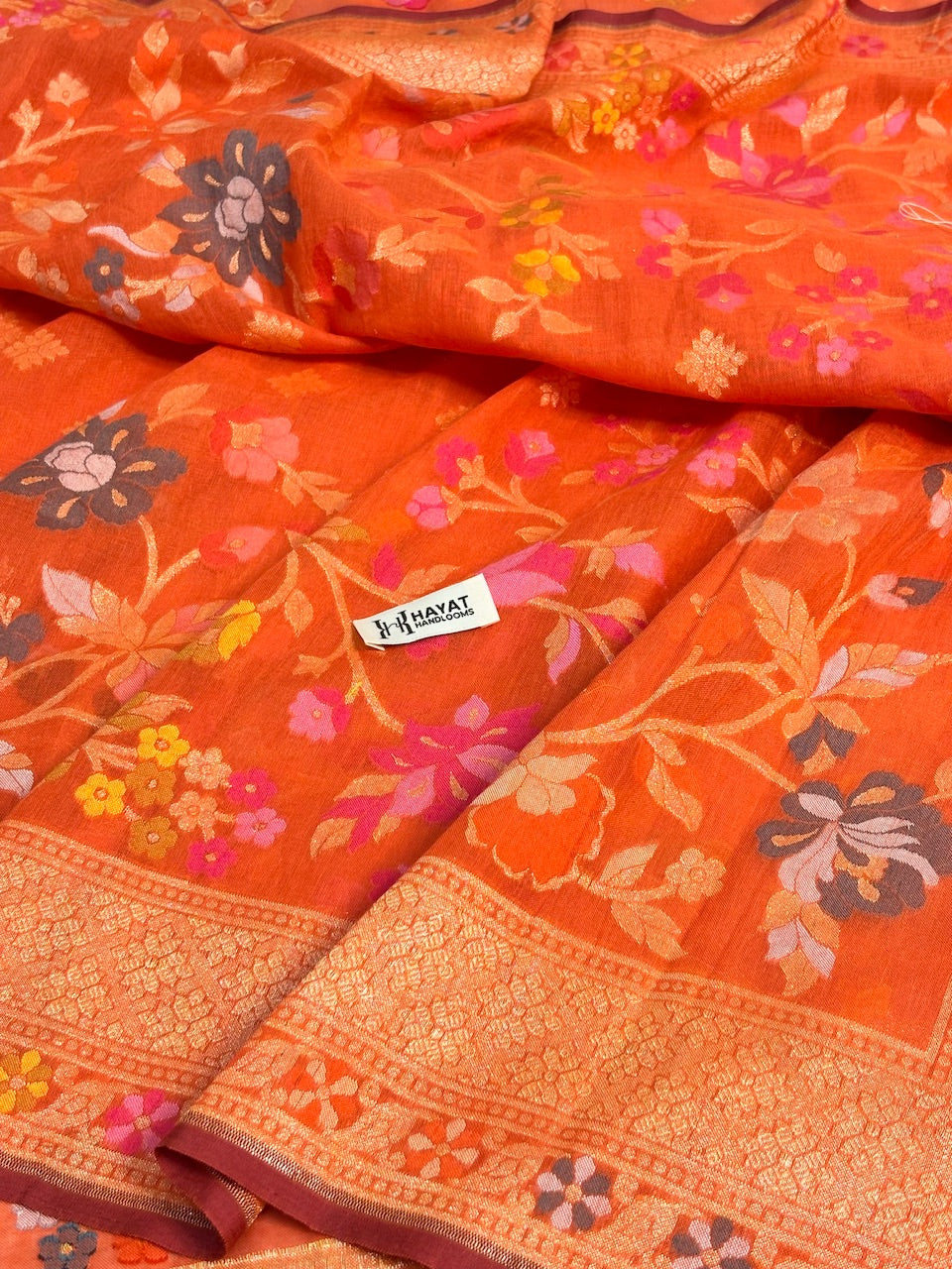 Orange Banarasi cotton Jamdani handloom Saree