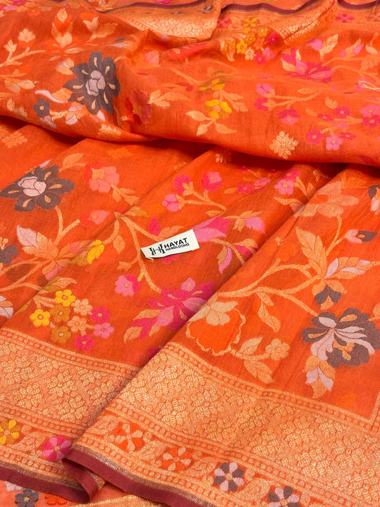 Orange Banarasi cotton Jamdani handloom Saree
