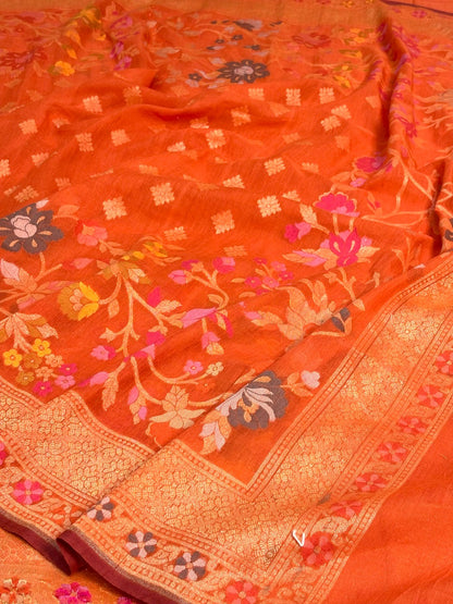 Orange Banarasi cotton Jamdani handloom Saree
