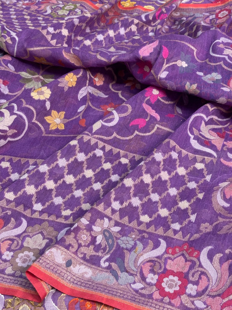 Violet Purple Banarasi cotton Jamdani handloom Saree