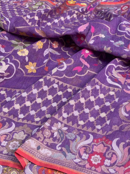 Violet Purple Banarasi cotton Jamdani handloom Saree