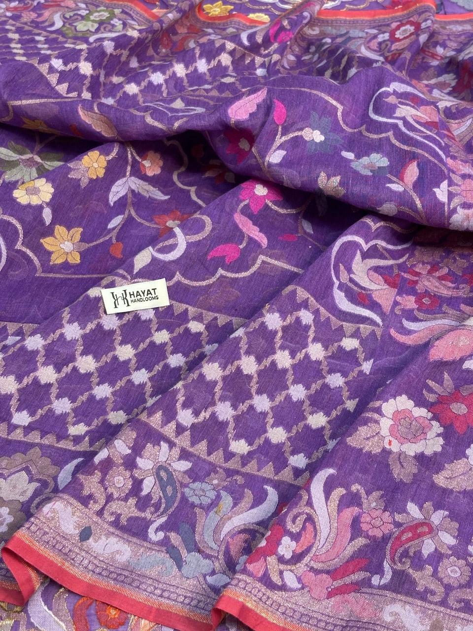 Violet Purple Banarasi cotton Jamdani handloom Saree
