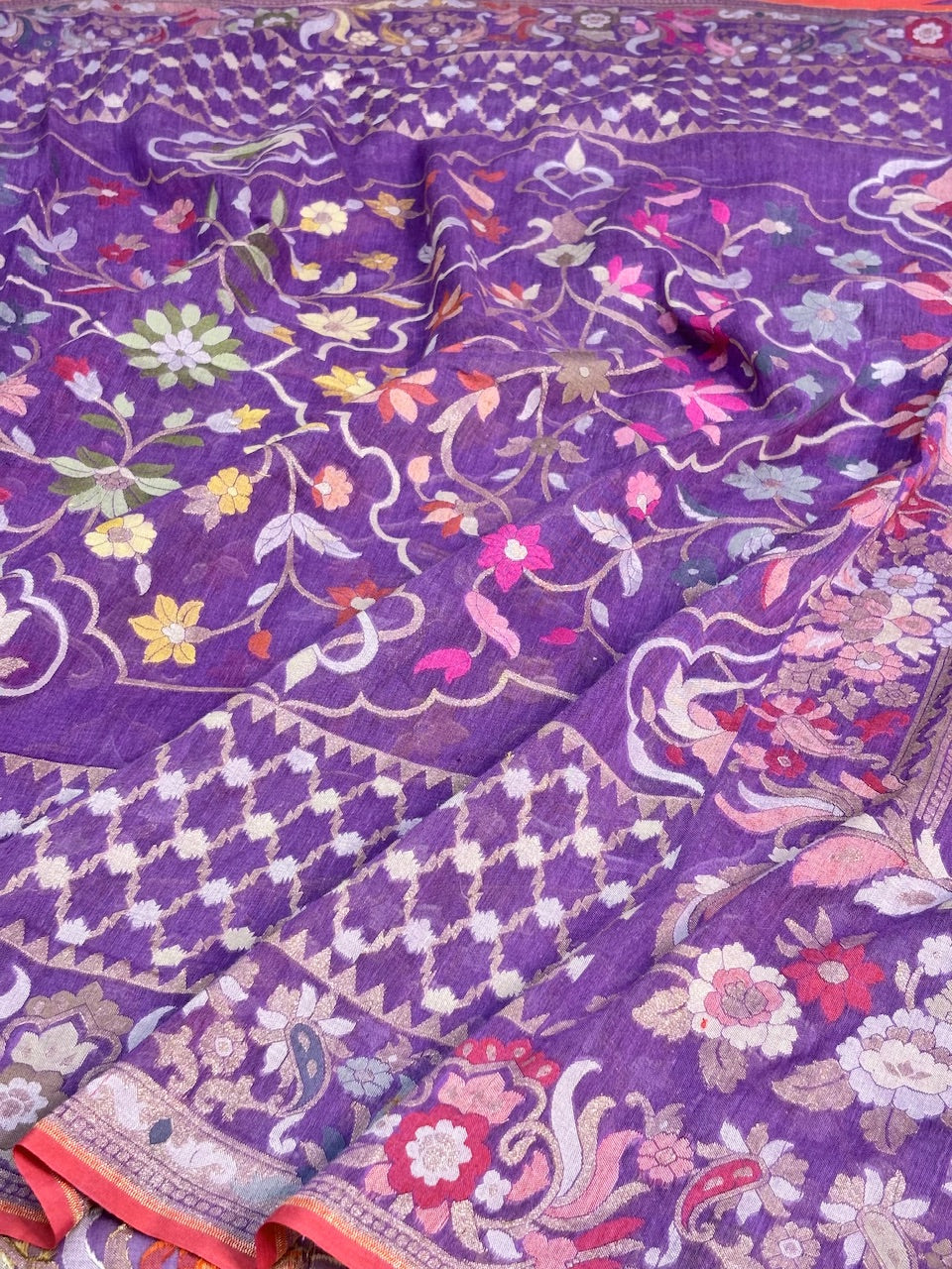 Violet Purple Banarasi cotton Jamdani handloom Saree