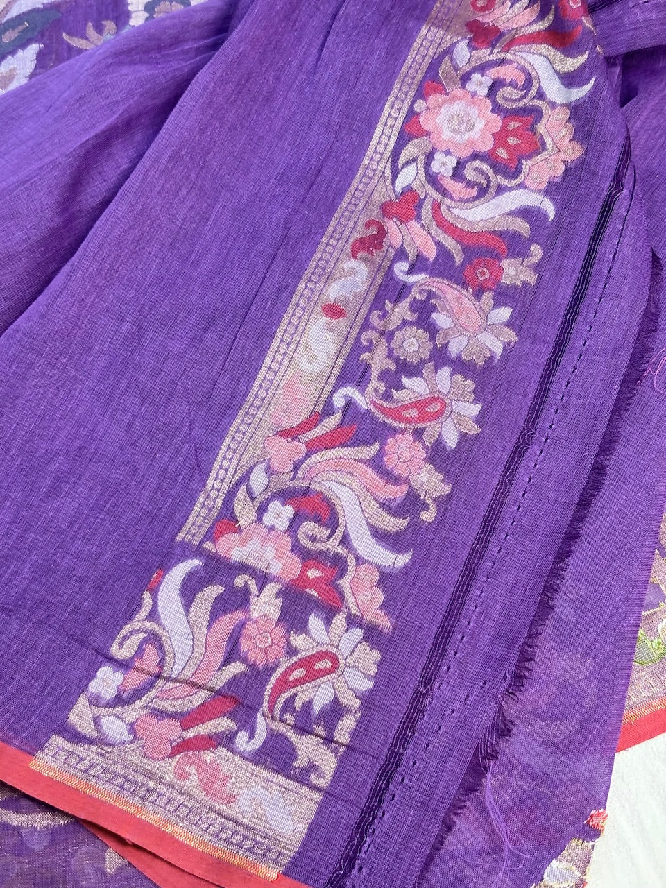 Violet Purple Banarasi cotton Jamdani handloom Saree