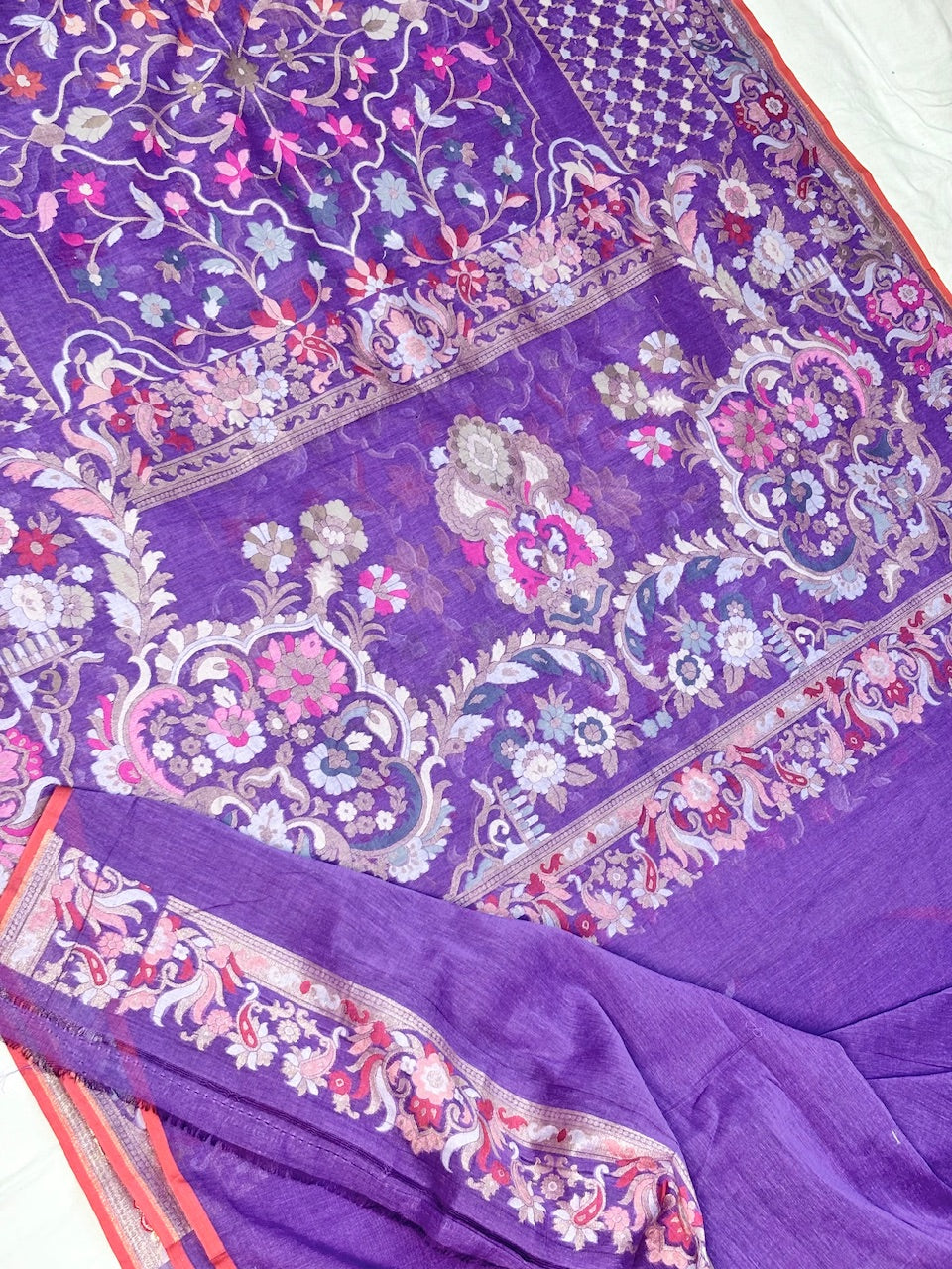 Violet Purple Banarasi cotton Jamdani handloom Saree