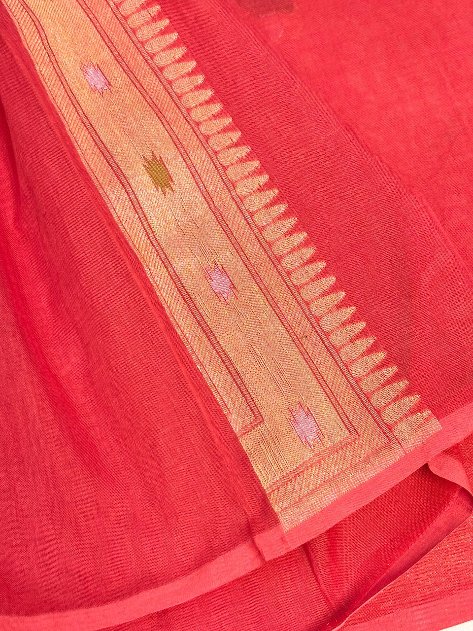 Red Banarasi cotton Jamdani handloom Saree