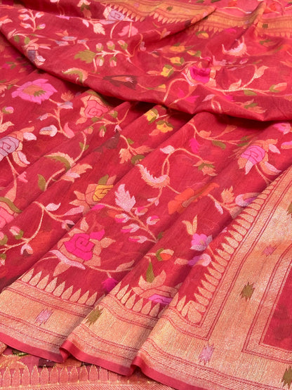 Red Banarasi cotton Jamdani handloom Saree