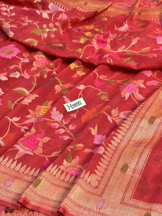 Red Banarasi cotton Jamdani handloom Saree