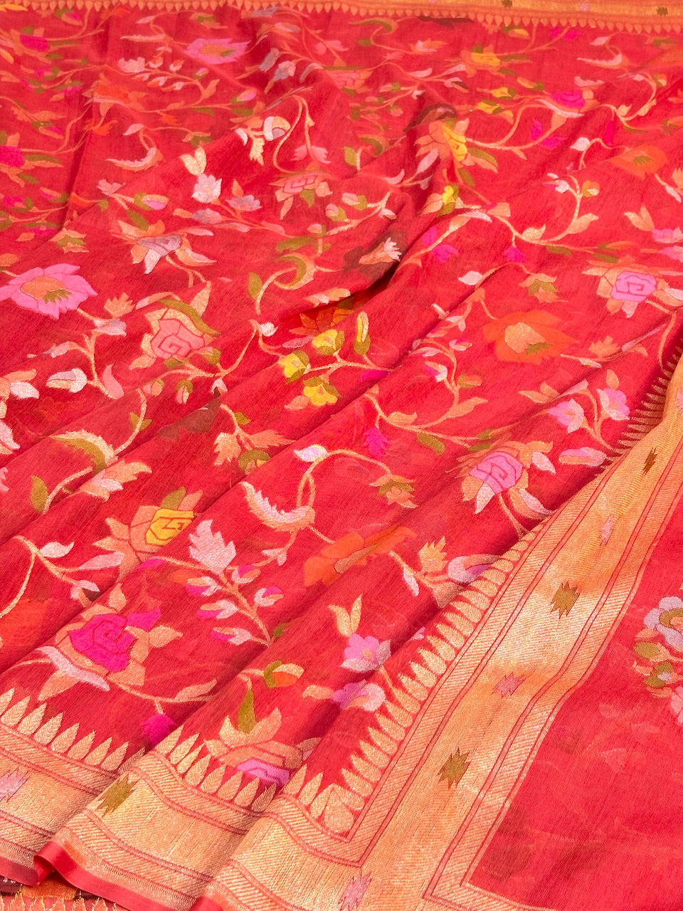Red Banarasi cotton Jamdani handloom Saree