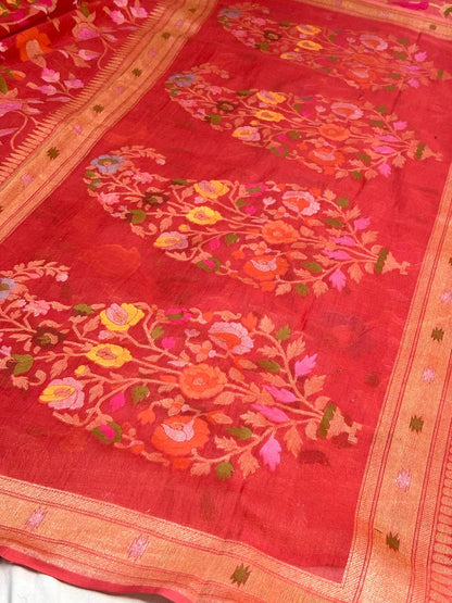 Red Banarasi cotton Jamdani handloom Saree