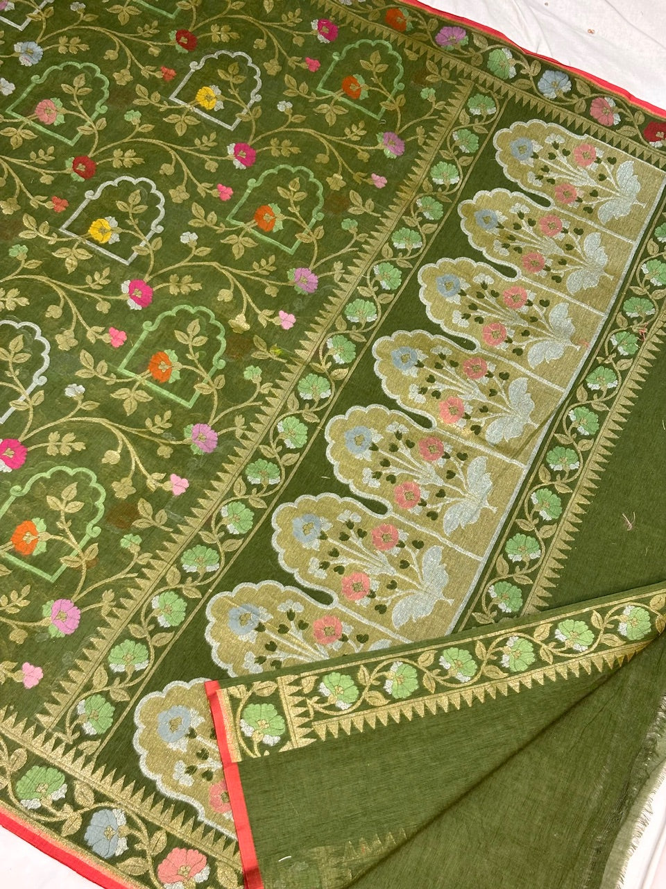 Olive Green Banarasi cotton Jamdani handloom Saree