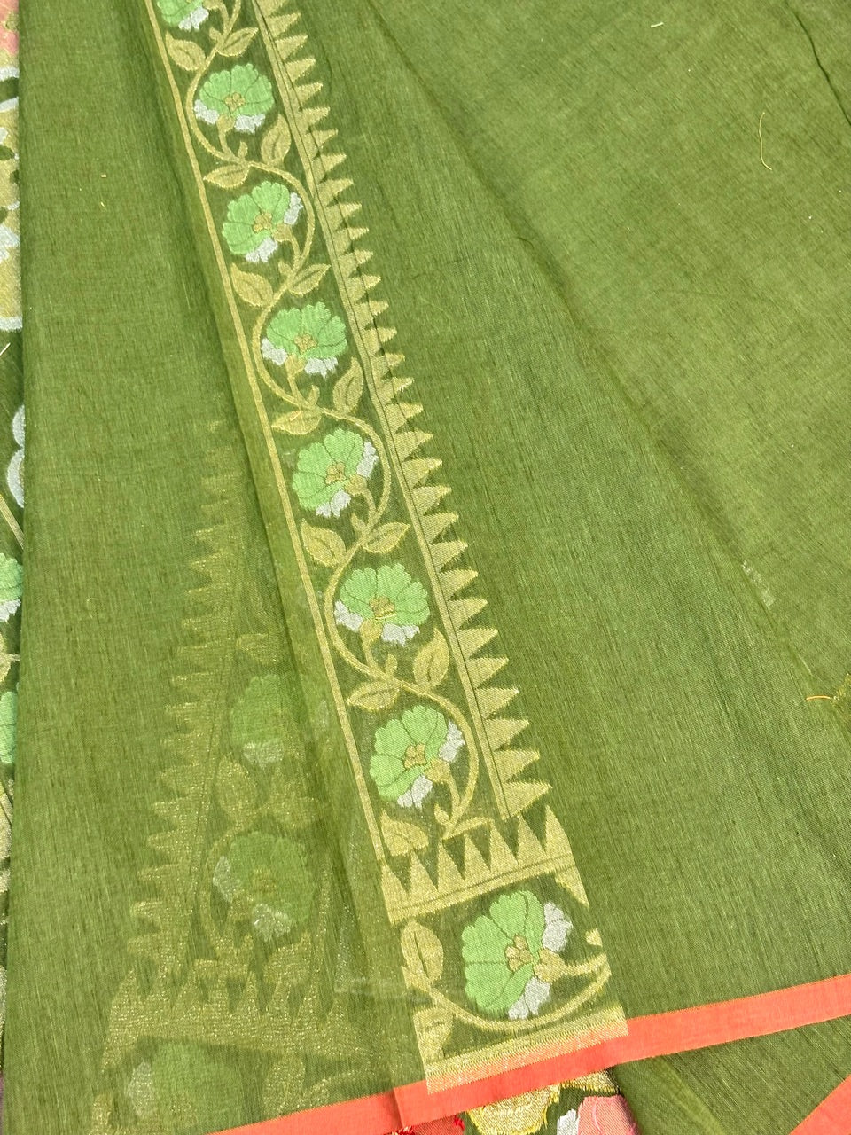 Olive Green Banarasi cotton Jamdani handloom Saree