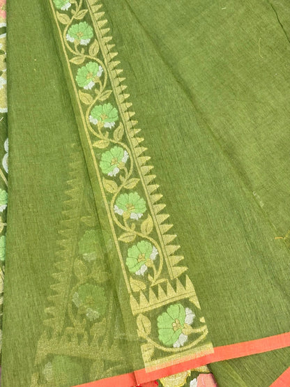 Olive Green Banarasi cotton Jamdani handloom Saree