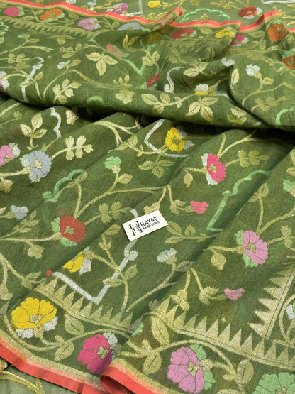 Olive Green Banarasi cotton Jamdani handloom Saree
