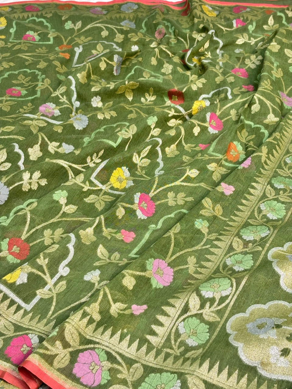 Olive Green Banarasi cotton Jamdani handloom Saree