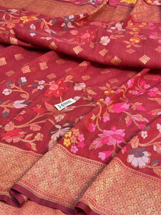 Red Banarasi cotton Jamdani handloom Saree