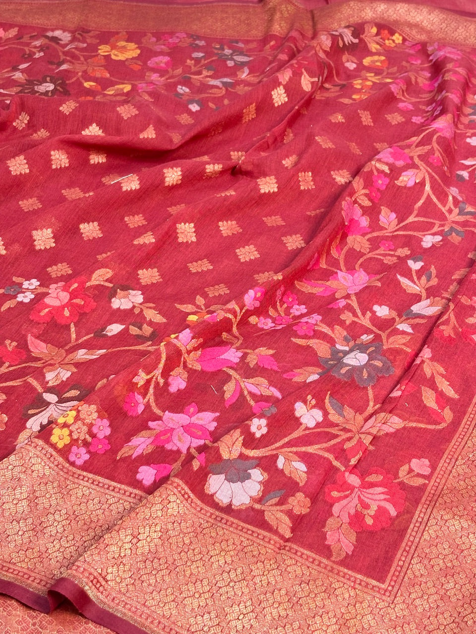 Red Banarasi cotton Jamdani handloom Saree