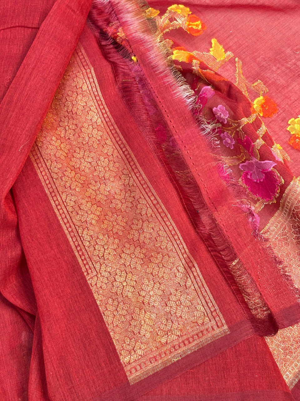 Red Banarasi cotton Jamdani handloom Saree