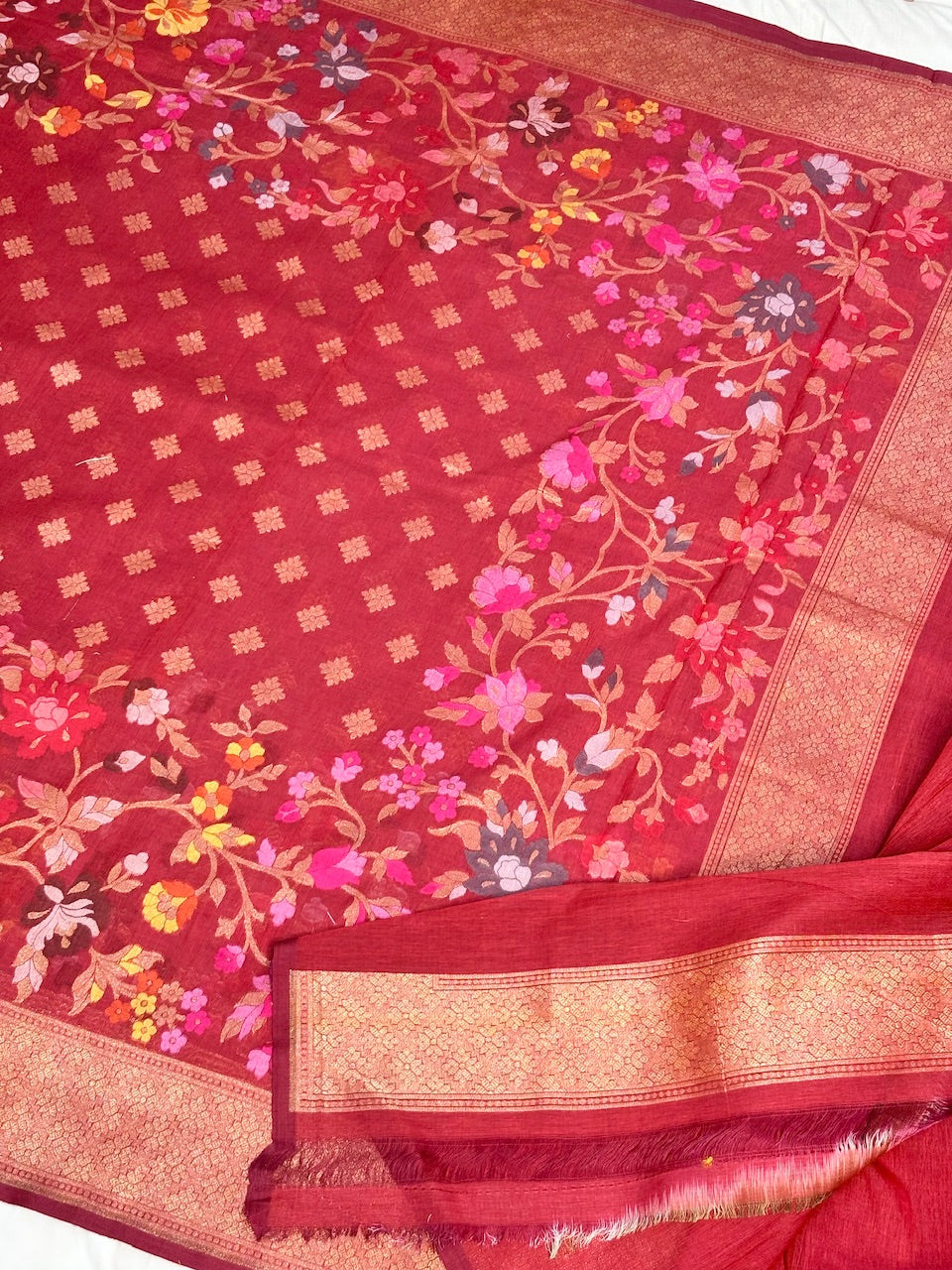 Red Banarasi cotton Jamdani handloom Saree