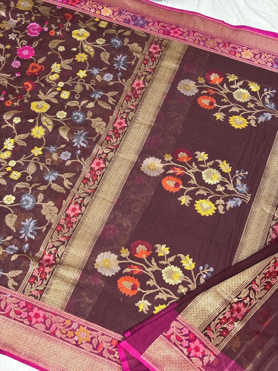 Coffee Brown Banarasi cotton Jamdani handloom Saree