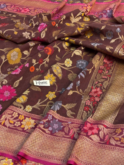 Coffee Brown Banarasi cotton Jamdani handloom Saree