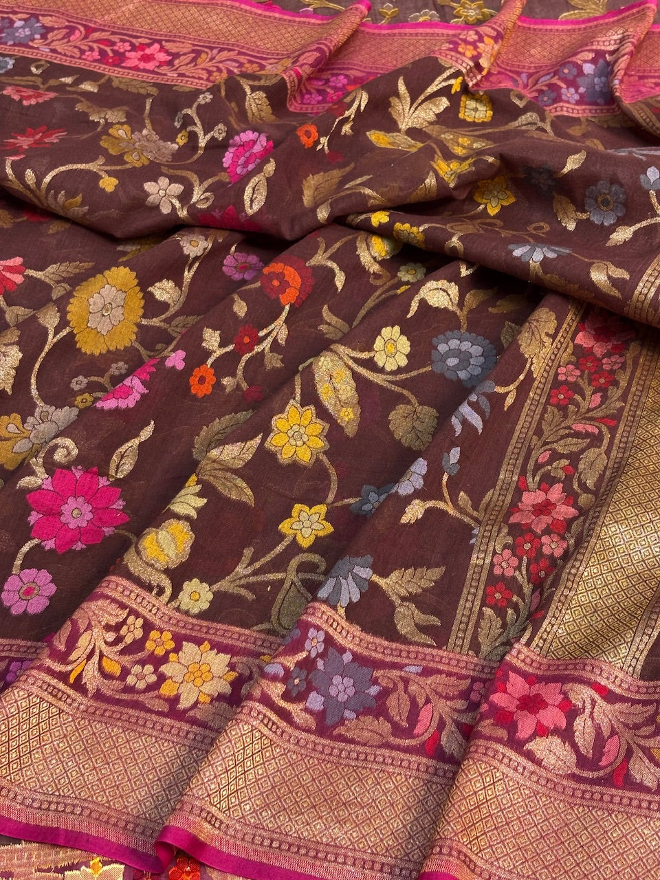 Coffee Brown Banarasi cotton Jamdani handloom Saree