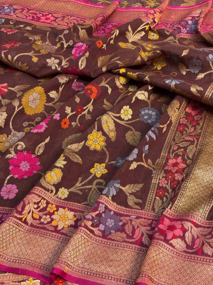 Coffee Brown Banarasi cotton Jamdani handloom Saree