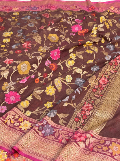 Coffee Brown Banarasi cotton Jamdani handloom Saree