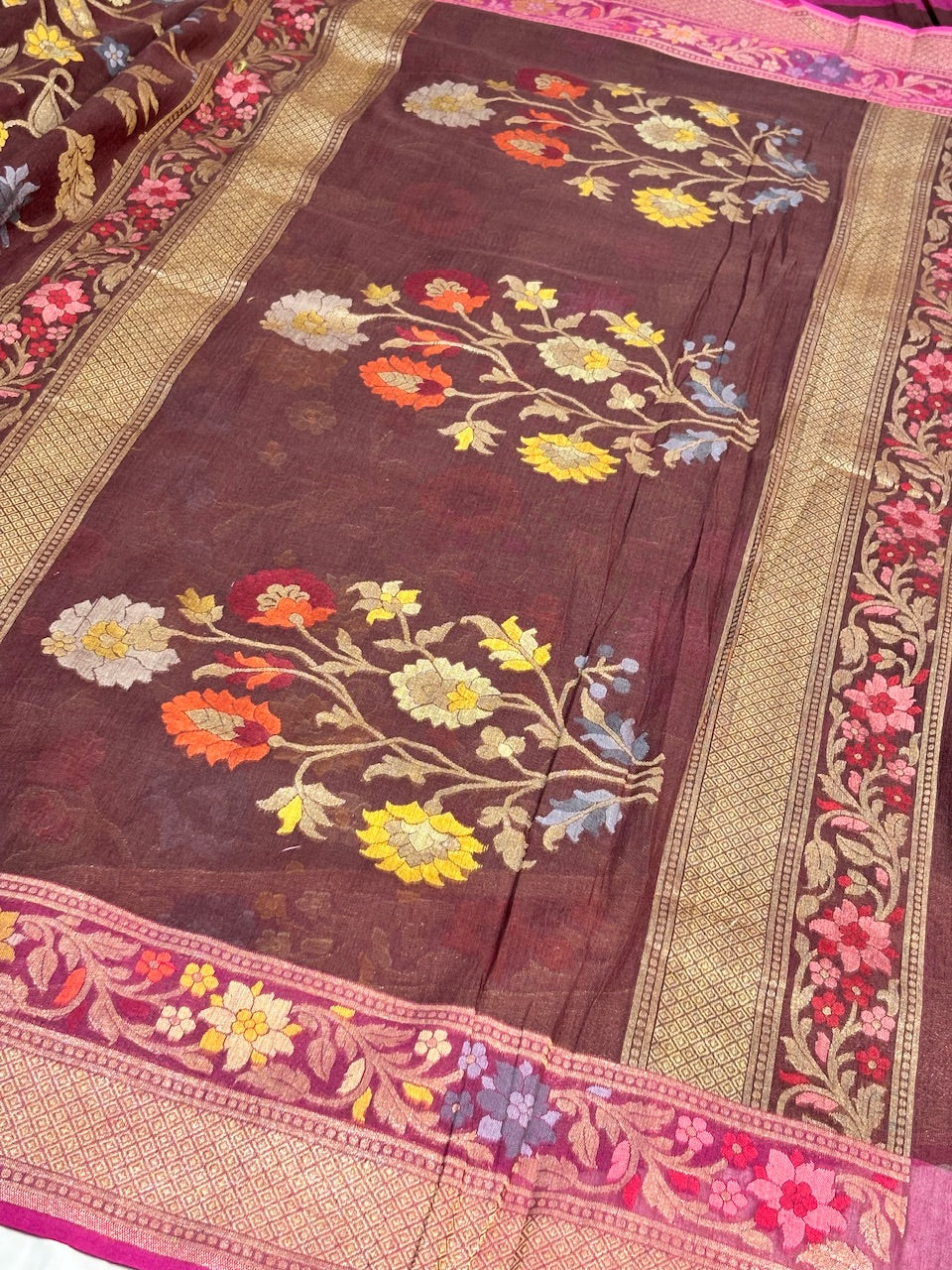 Coffee Brown Banarasi cotton Jamdani handloom Saree