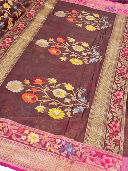 Coffee Brown Banarasi cotton Jamdani handloom Saree