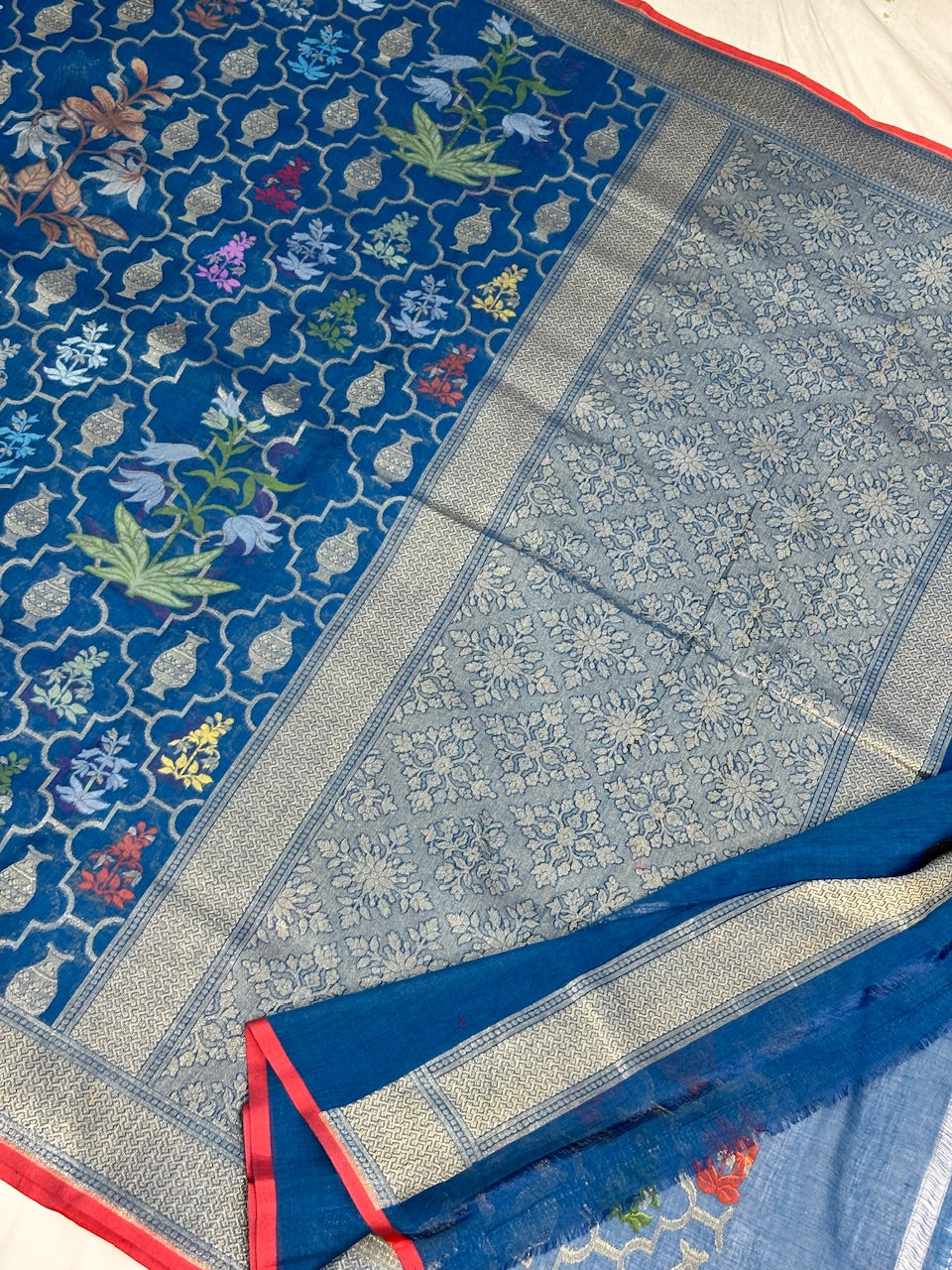 Royal Teal Banarasi cotton Jamdani handloom Saree