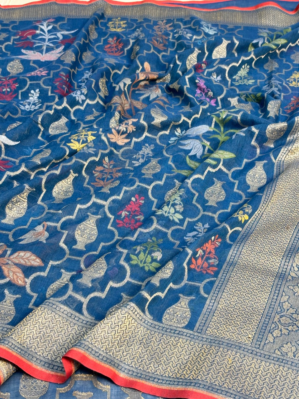 Royal Teal Banarasi cotton Jamdani handloom Saree